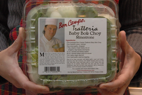 Attention-getting label on baby bok choy